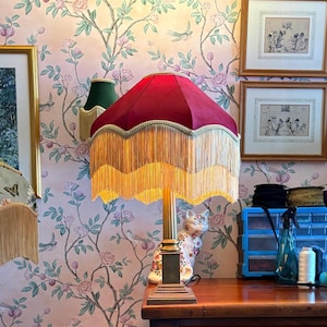 Handmade Red Velvet Lampshade - Clarke & Clark Ruby Red, Gold Dual Layer Fringe, Victorian, Art Deco, Tassel, Light