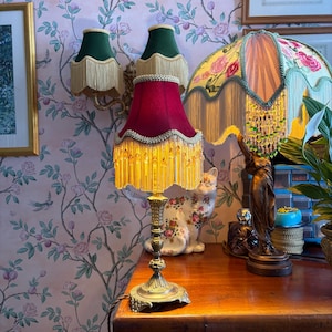 May include: A decorative table lamp with a deep red lampshade and gold fringe, set on a wooden surface. The lamp has an ornate brass base. The background includes floral wallpaper and other vintage lamps.
