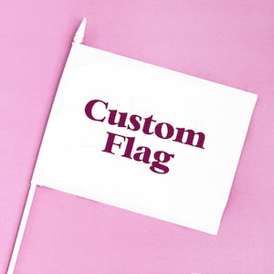 May include: A white custom flag with the text "Custom Flag" in a dark purple font. The flag is on a white pole against a pink background. The Minnie Adventures logo is at the bottom.