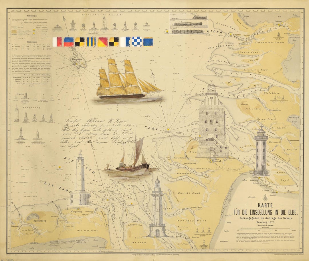 Collage With Historical Nautical Chart From 1875 and Lighthouses and ...