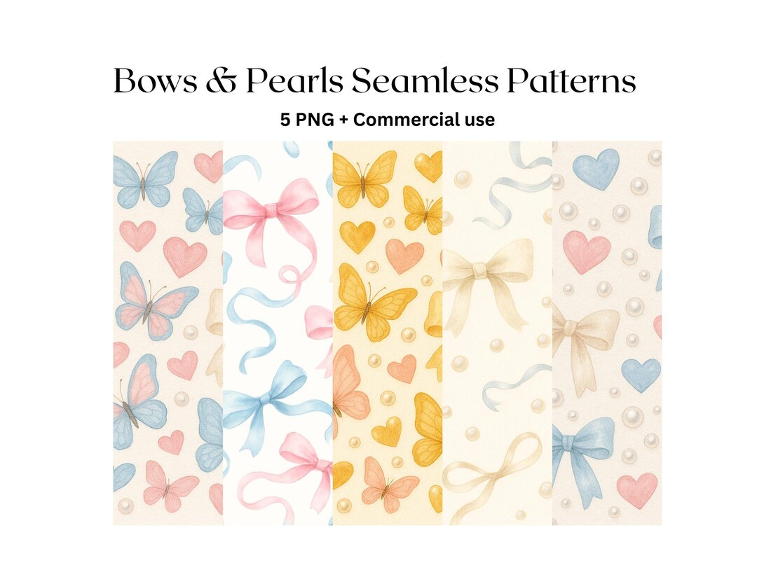 Pastel Bows & Pearls Seamless Pattern Bundle PNG | 5 Watercolor ...