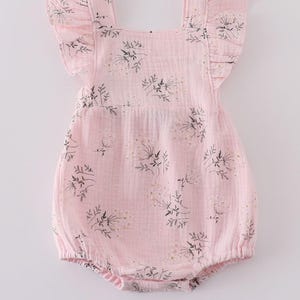 Pink Floral Muslin Ruffle Bubble - Baby Girl Spring and Summer Outfit, Soft Cotton Romper