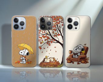 スヌーピーの秋のスマホケース 秋の漫画アート Magsafe カバー iPhone 16e、17 Pro Max、17 Air、Samsung S25 Edge、A16、Pixel 10、9A 用