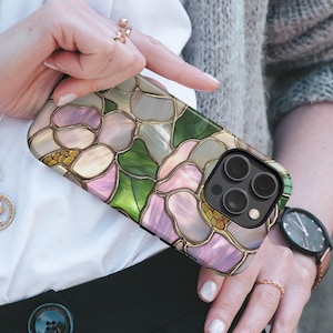 Blue Hydrangea Stained Glass Print Phone Case Wildflower Floral Artful Aesthetic Vintage Gift Iphone 13 14 15 16 Casing Tough Phone Cases