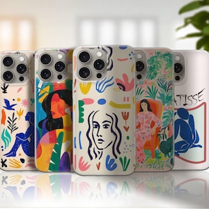 May include: A collection of five phone cases with colorful abstract art designs. The cases feature various artistic styles, including floral patterns, portraits, and Matisse-inspired artwork. Each case has a clear protective border.