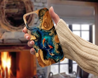 Etui na telefon Koi Fish w kolorze niebieskim, w stylu epoksydowym, pasuje do iPhone'a 17 Pro, 15, 13, 16e, Samsunga S26 Ultra, S21, S23 Ultra, Google Pixel 10, 8A