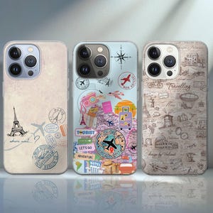 May include: Three phone cases with travel-themed designs. One case features the Eiffel Tower and the text "where next...?", another has travel stamps and a map, and the third has travel-related sketches and the word "Travelling".