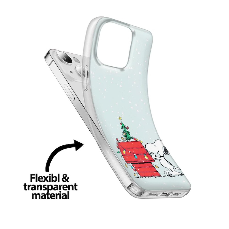 May include: Clear phone case featuring Snoopy and his doghouse decorated for Christmas. The case is made of flexible and transparent material. The doghouse is red with a green Christmas tree on top. Snoopy is white with black ears.