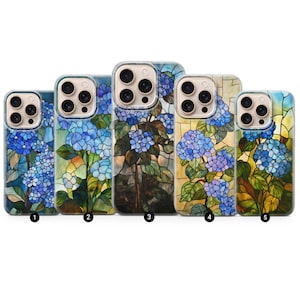 Blue Hydrangea Phone Case Stained Glass Wildflower Floral Artful Aesthetic Vintage Gift Iphone 13 14 15 16 Samsung S25 Ultra S24 S23 Pixel 9