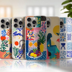 May include: Five phone cases with colourful, abstract art designs. The cases feature various patterns, including floral, animal, and geometric motifs in a vibrant palette of orange, blue, yellow, and green. Each case has a different design.