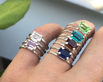 Size 5.5 Swarovski Crystal Sterling Silver Ring: Emerald Cut, Double Band