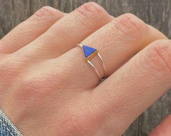 Triangle Lapis Lazuli Sterling silver Ring with 18Kt Gold Vermeil Ring // Dainty Geometric Design