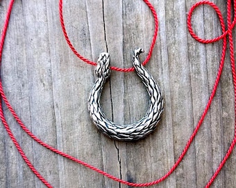 Oxidized Silver Snake Pendant Necklace on Red Silk: Serpent Jewelry