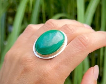 Size 9 Malachite Statement Ring: 18k Gold Vermeil and Sterling Silver