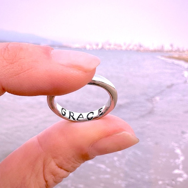 GRACE RING  Hidden message handwritten Grace stacking word rings / Hand carved engraved organic shape recycled silver meditation mantra band