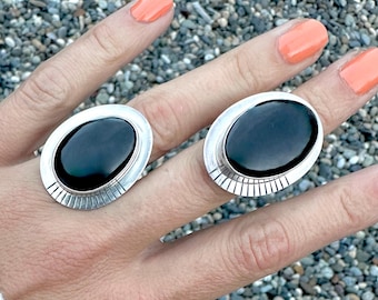 Size 6 Black Onyx Sterling Silver Statement Ring: Chunky Oval Gemstone