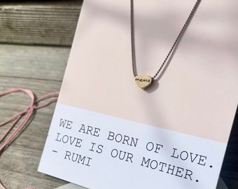 Mama Heart Necklace: Dainty Reversible Pendant on Braided Silk