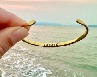 Engraved Brass Cuff Bracelet: Hidden 'Grace' Mantra, Stacking Bangle