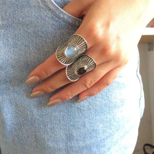 Moonstone Amethyst Smokey Quartz Silver Sunburst Statement Rings // Hand carved engraved etched ring // bohemian large long fingers ring