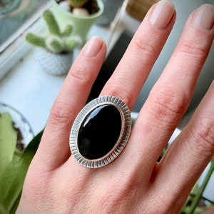 Large Oval Black Onyx Ring: Hand Stamped Sterling Silver Sundial Setting