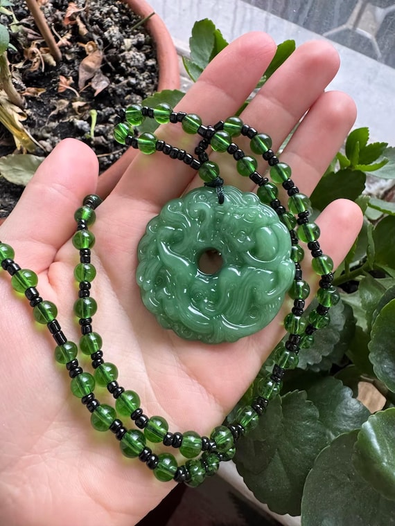 Pendentif Jade Vert Naturel Sculpté - Pour Homme, Collier Cadeau, Neuf Avec étiquettes