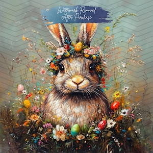 Whimsical Easter Bunny Print - Floral Crown Rabbit Art - Spring Decor - Cottagecore Easter Wall Art - Instant Digital Download