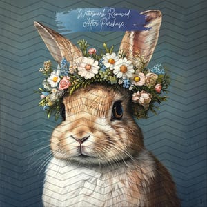 Watercolor Easter Bunny Print - Floral Crown Bunny Art - Spring Decor - Instant Digital Download