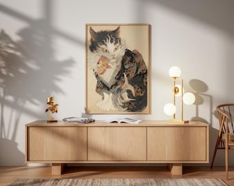 Ukiyo-e Cat Art Print with Fish | Japanese Kabuki Painting | Vintage Samurai Cat Poster |