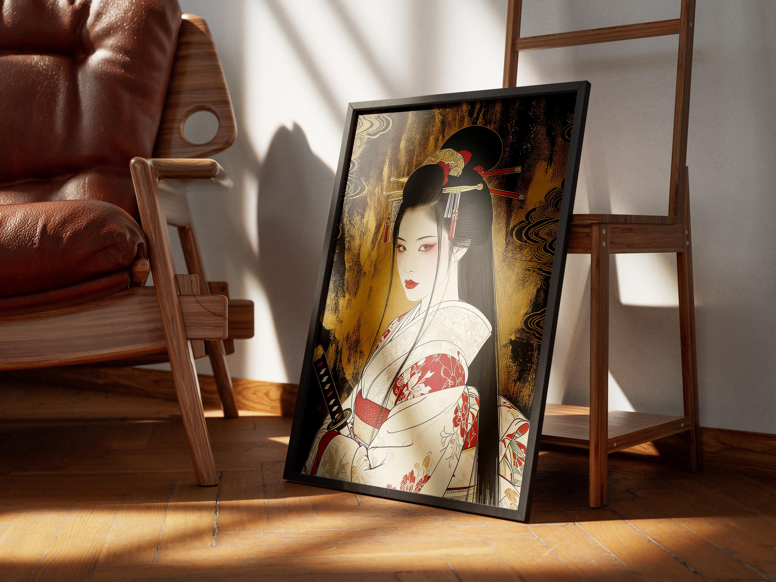 Gold Japanese Geisha Warrior Art Print - Traditional Ukiyo-e Samurai ...