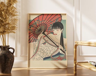Japanese Geisha Art Print: Elegant Oriental Night Scene