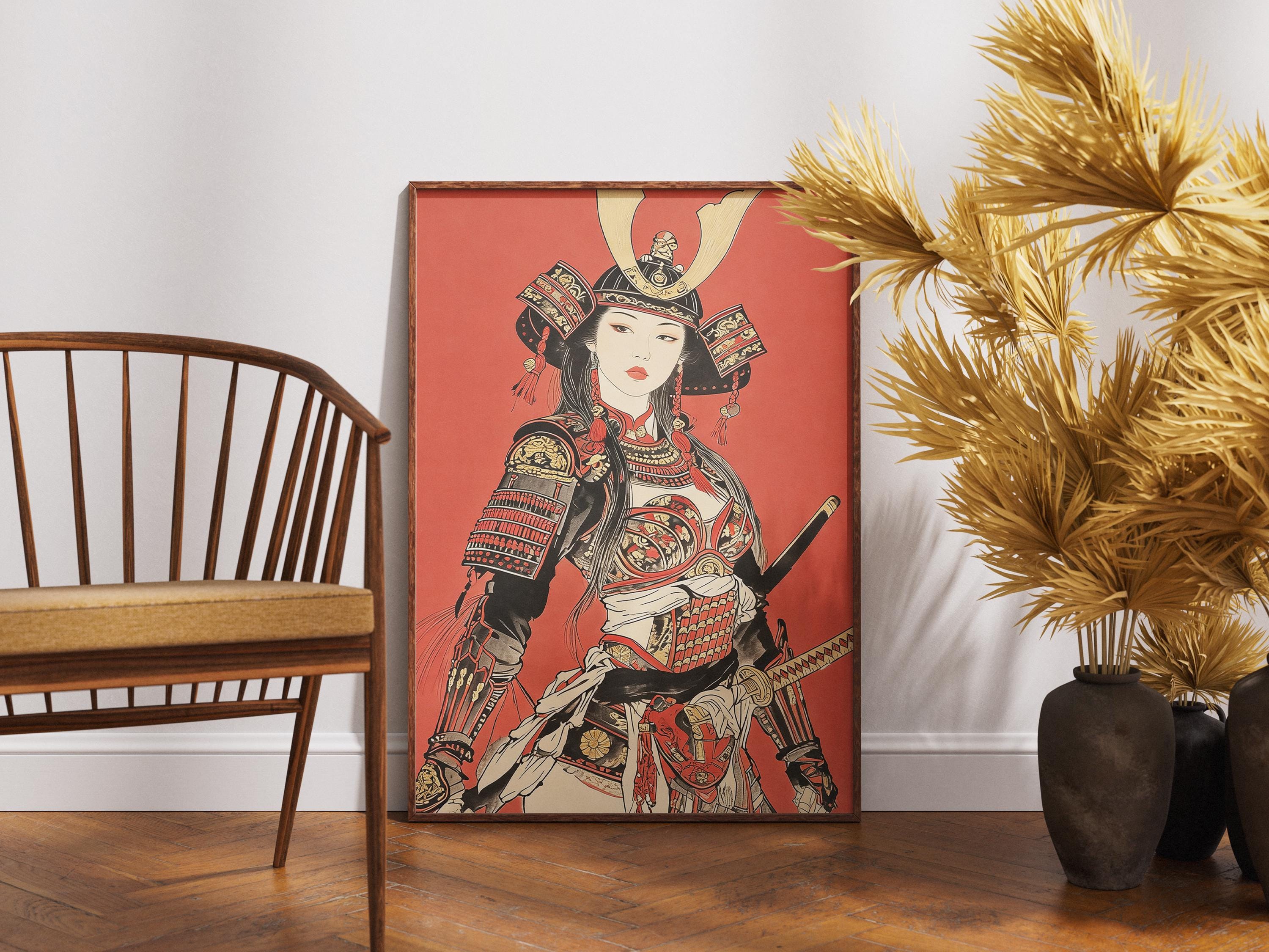Japanese Samurai Woman Armor Poster - Traditional Red Warrior Wall Art ...