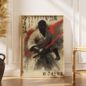 Arte mural de samurái oscuro: póster de guerrero ninja japonés, impresión en tinta de katana roja, decoración marcial asiática