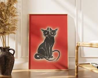 Impresión artística de gato tatuado: póster decorativo de estilo japonés