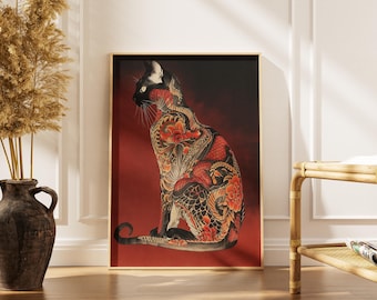Tattoo Katze Kunstdruck: Dekoratives Poster im Japanischen Stil