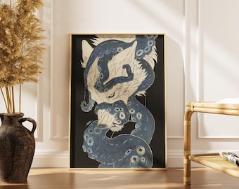Mystical Wolf and Tentacles Wall Art – Dark Fantasy Poster, Gothic Home Decor