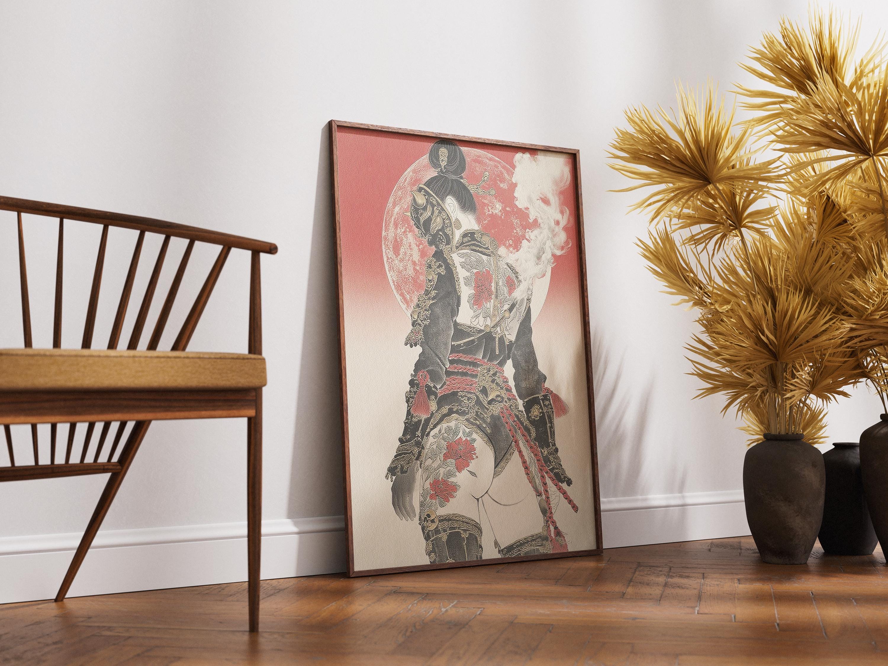 Japanese Female Samurai Art Print - Red Moon Warrior Poster - Etsy