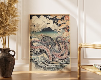 Japanese Octopus Wall Art – Vintage Ocean Waves Print, Nautical Home Decor