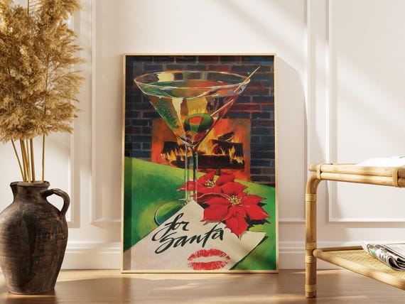 Christmas Martini Art Print, Vintage Style Holiday Cocktail Poster, Mid Century Bar Decor