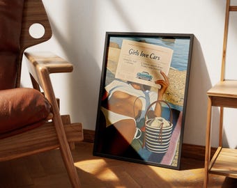 Plakat retro na plażę – Opalające się kobiety i dziewczyny kochają samochody, sztuka vintage na lato