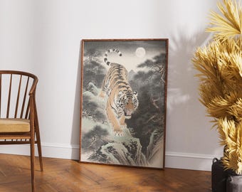 Lámina artística de tigre japonés: Póster de animales de la jungla a la luz de la luna (Descarga digital)