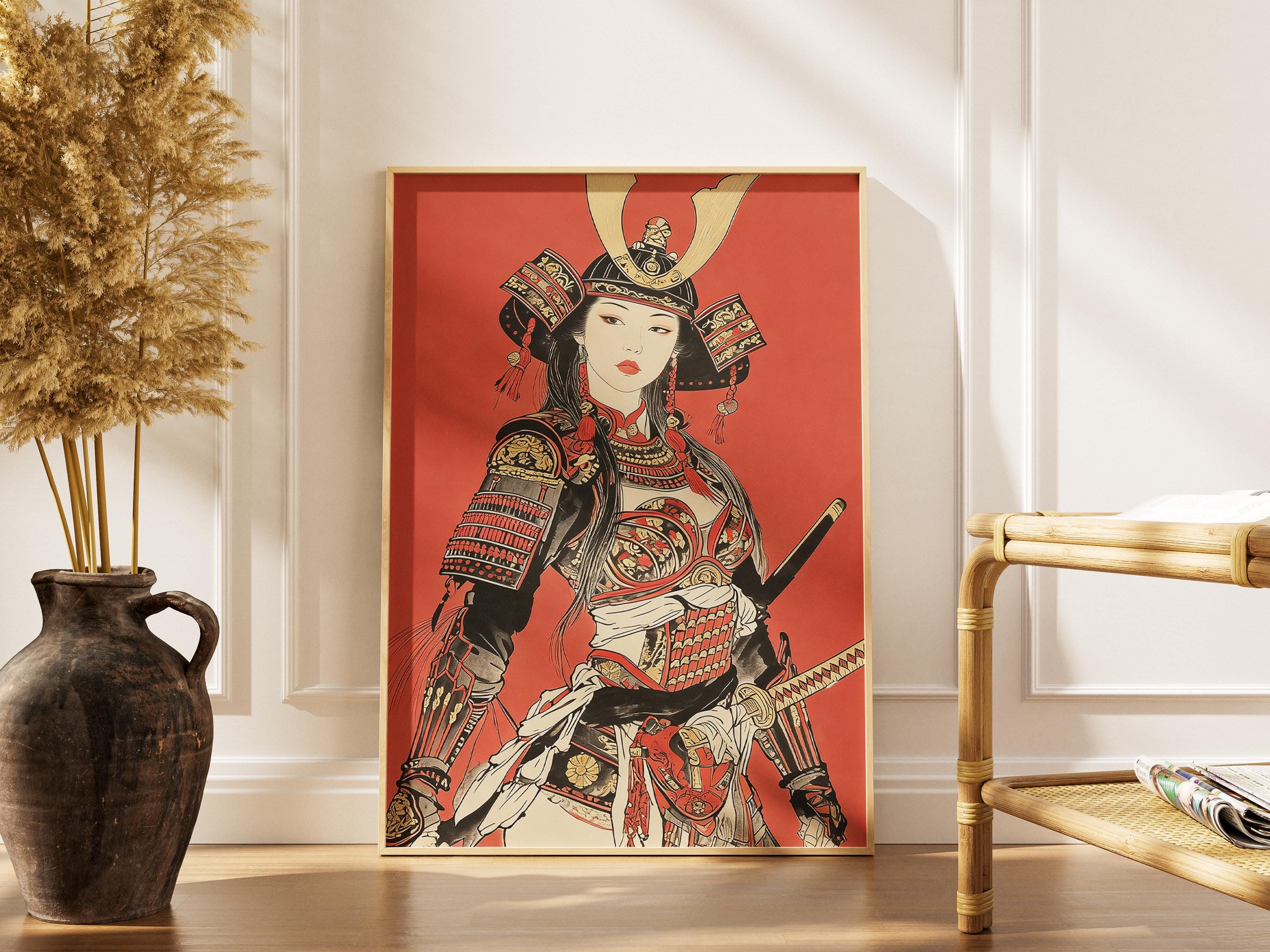 Japanese Samurai Woman Armor Poster - Traditional Red Warrior Wall Art ...