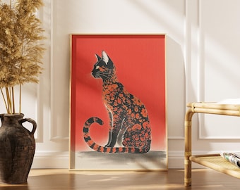 Impresión de gato negro con tatuaje retro: póster de arte japonés