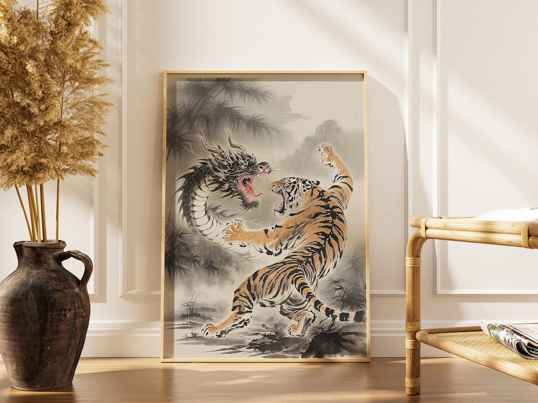Japanese Vintage Dragon & Tiger Poster – Mythical Battle Wall Art - Etsy