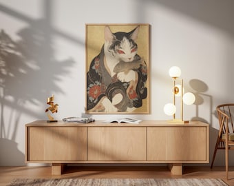 Ukiyo-e Cat Art Print with Fish | Japanese Kabuki Painting | Vintage Samurai Cat Poster |