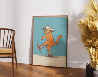 Whimsical Cowboy Cat Print – Vintage Western Wall Art,  Bedroom or Nursery