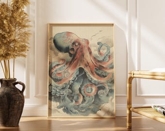Japanese Octopus Wall Art – Vintage Ocean Waves Print, Nautical Home Decor