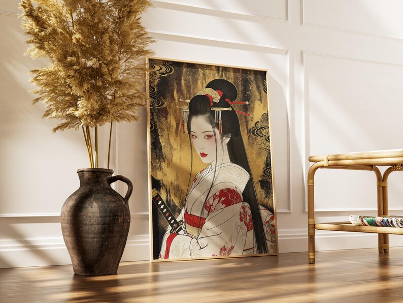 Gold Japanese Geisha Warrior Art Print - Traditional Ukiyo-e Samurai ...
