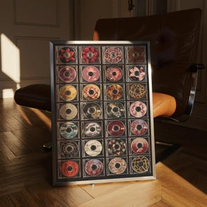 Puede incluir: Una obra de arte enmarcada que presenta una cuadrícula de CD, cada uno con un diseño único. Las portadas de los CD muestran varios patrones, incluyendo estampados florales, de frutas y animales, en una gama de colores. El marco es plateado y la obra de arte se exhibe en una habitación con una silla de cuero marrón.