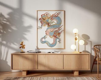 Japanse drakenprint | Traditionele drakenposter in ukiyo-e-stijl | Blauw en rood mythologisch | Aziatische decoratie