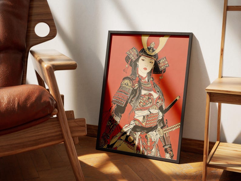 Japanese Samurai Woman Armor Poster - Traditional Red Warrior Wall Art ...